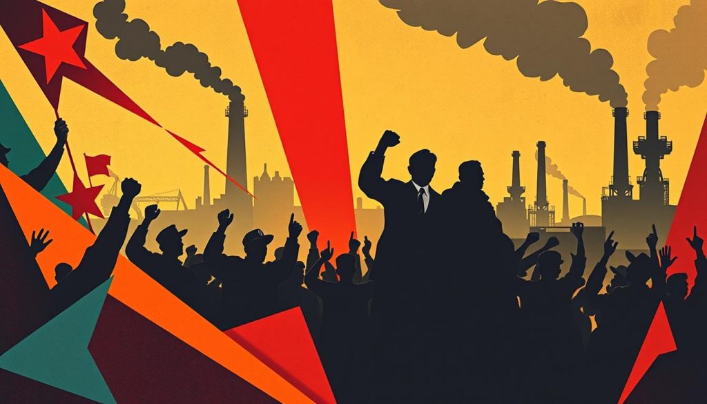 A bold, dynamic composition showcasing the revolutionary spirit of Constructivism. In the foreground, angular shapes and geometric patterns in a vibrant color palette symbolize the dynamism and social transformation at the heart of this avant-garde movement. In the middle ground, silhouettes of workers, activists, and intellectuals engaged in impassioned discourse, their gestures and poses conveying a sense of collective agency and collective action. The background features a towering industrial cityscape, smokestacks and machinery evoking the technological progress that Constructivists sought to harness for the benefit of the masses. Dramatic low-angle lighting casts dramatic shadows, heightening the sense of urgency and momentum. The overall impression is one of a visually striking, visionary artwork that encapsulates Constructivism's ambitious goal of forging a new, egalitarian society through the power of art.
