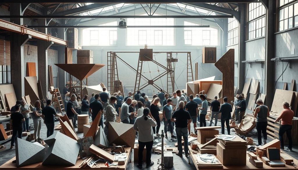 A bustling constructivist workshop filled with artists collaborating on a large-scale sculptural installation. In the foreground, various geometric forms and industrial materials are being assembled with precision. In the middle ground, groups of people brainstorm ideas, share sketches, and experiment with different techniques. The background features high ceilings, exposed beams, and natural light filtering in, creating an atmosphere of creative energy and collective purpose. Dramatic shadows and highlights accentuate the dynamic interplay of shapes, textures, and human movement. The scene conveys a sense of unity, innovation, and a shared vision to transform the mundane into the extraordinary through collaborative constructivist art practices.
