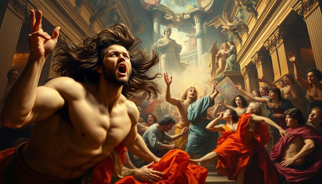 A grand, sweeping Baroque painting of a dramatic, emotional composition. In the foreground, a central figure is depicted in a state of intense, turbulent expression, their face contorted with anguish or ecstasy. Vivid, saturated colors swirl around them, creating a sense of movement and heightened emotion. In the middle ground, supporting figures engage in equally passionate gestures and poses, adding to the overall sense of emotional intensity. The background is filled with lush, ornate architectural elements, rich textures, and dramatic lighting, creating a sense of grandeur and spectacle. The entire scene radiates a palpable atmosphere of Baroque dynamism, theatricality, and psychological depth.