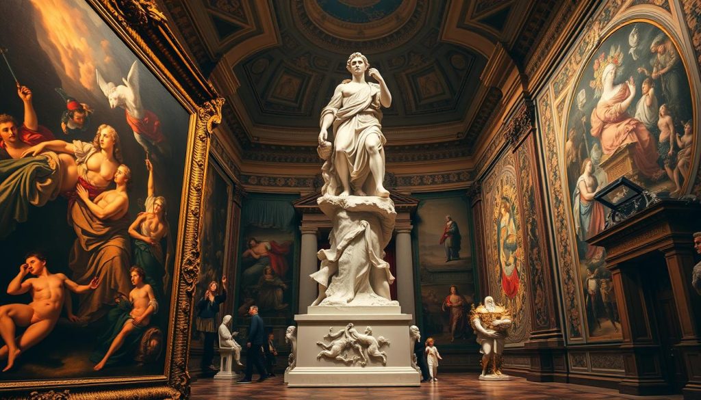 A grand tapestry of diverse Baroque artistic styles, showcasing the regional variations across Europe. In the foreground, a majestic oil painting with dramatic chiaroscuro, capturing the emotive realism of Italian Baroque. In the middle, a towering marble sculpture radiating the dynamic movement and grandeur of Bernini's Baroque in Rome. In the background, delicate Flemish tapestries unfurl, revealing the ornate, decorative flourishes of Northern European Baroque. Warm lighting casts a golden glow, unifying the composition and evoking the opulent, awe-inspiring nature of this artistic era. Captured through a wide-angle lens, the scene depicts the magnificent breadth and cultural richness of Baroque art across the continent.