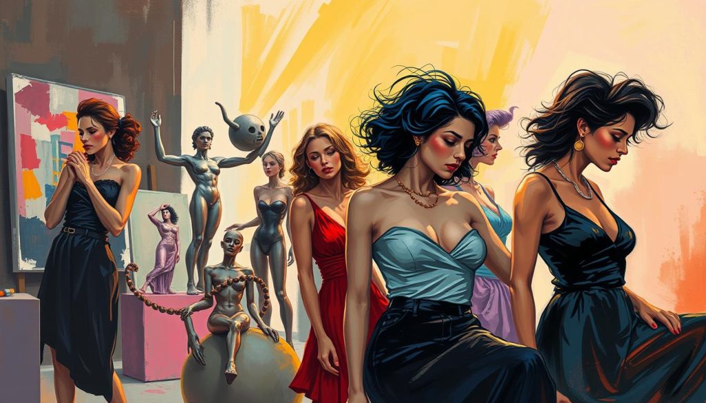 A vibrant, avant-garde scene depicting a group of daring, visionary women artists. In the foreground, bold brushstrokes capture their expressive, unconventional poses, each lost in their creative processes. The middle ground showcases their unorthodox, boundary-pushing artworks - abstract canvases, surreal sculptures, experimental installations. The background subtly hints at the radical, progressive spirit of the era, with glimpses of a dynamic urban landscape or an ethereal, dreamlike setting. The lighting is dramatic, casting dramatic shadows and highlights to accentuate the women's intensity and the transformative power of their art. The overall composition conveys a sense of revolutionary energy, defiance of convention, and the groundbreaking contributions of women to the avant-garde movement.