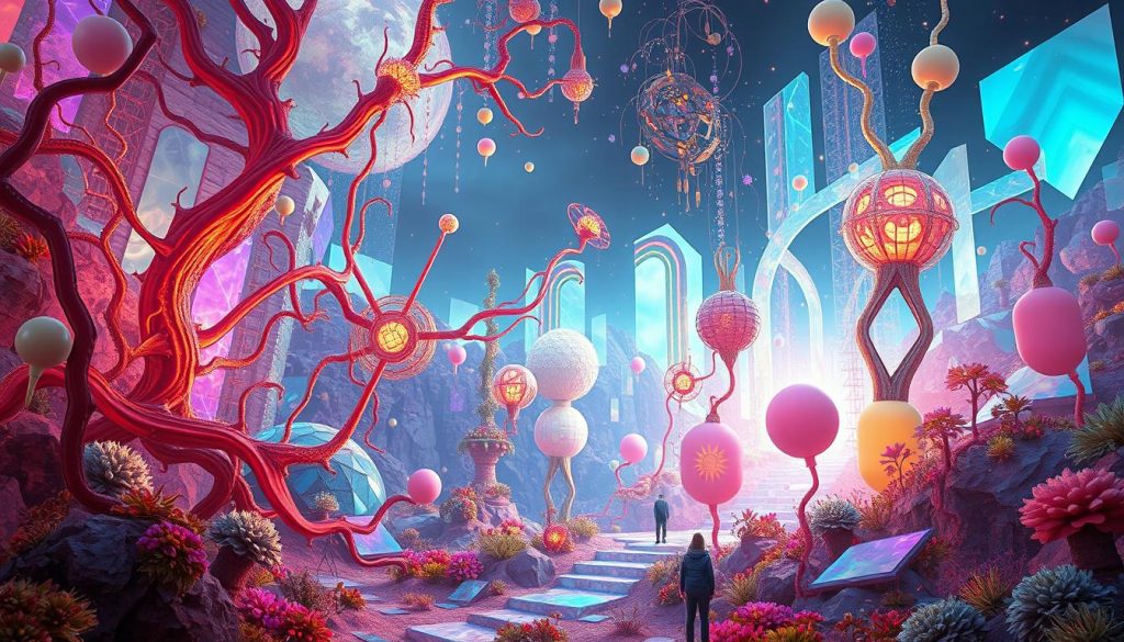 Avant-Garde Art Future Trends: A Surreal Symphony of Shapes and Colors Vibrant, kaleidoscopic forms cascade through a dreamlike landscape, hinting at the boundless potential of the avant-garde. Organic tendrils and geometric structures intertwine, creating a mesmerizing fusion of the natural and the artificial. Shimmering lights dance across the scene, casting an ethereal glow and evoking a sense of futuristic wonder. Layers of translucent, prismatic panels refract and distort the viewer's perception, challenging the very boundaries of traditional art. This visionary composition beckons the observer to explore the limitless realms of artistic innovation, where the unconventional reigns supreme and the future of Avant-Garde art unfolds in a captivating display of boundless creativity.