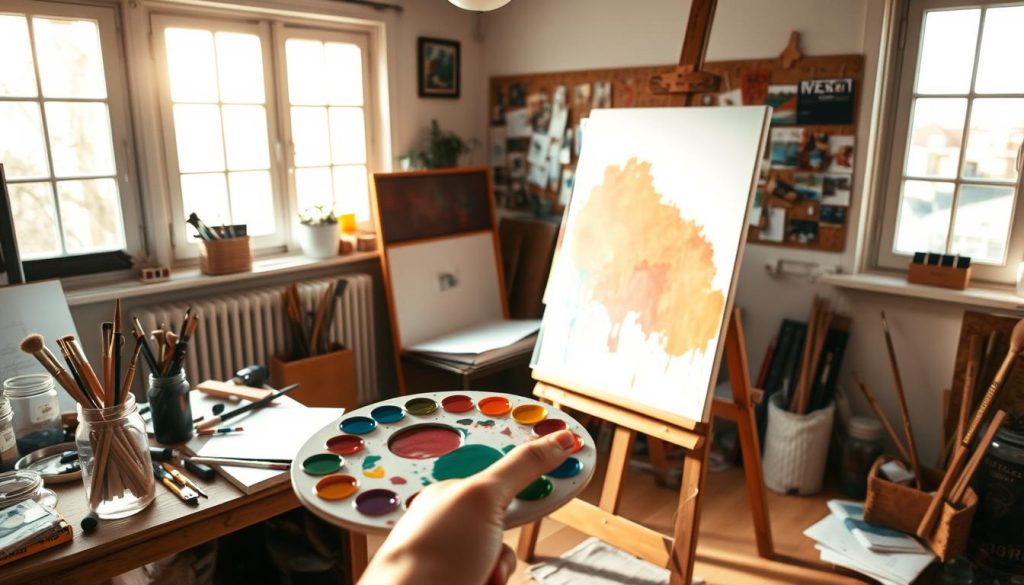 A cozy studio space, bathed in warm, natural light filtering through large windows. An artist's workspace, cluttered with brushes, paints, and a half-finished canvas on an easel. In the foreground, a hand holds a palette, mixing vibrant colors as the creative process unfolds. Surrounding the artist, various tools and materials - a jar of brushes, a sketchpad, and a selection of reference images pinned to a bulletin board. The atmosphere is one of focus and immersion, capturing the essence of an artist's journey from concept to creation.