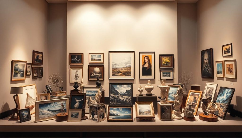 A meticulously arranged art display showcases a cohesive series, each piece harmoniously complementing the next. In the foreground, an assortment of presentation techniques are artfully exhibited - canvases, framed works, and even sculptural elements seamlessly integrated. Soft, warm lighting illuminates the arrangement, casting gentle shadows that add depth and dimensionality. The middle ground features a minimalist, gallery-inspired backdrop, allowing the artwork to take center stage. In the background, a serene, neutral-toned environment provides a calming, professional atmosphere, inviting the viewer to closely examine the intricate details and artistic techniques on display.