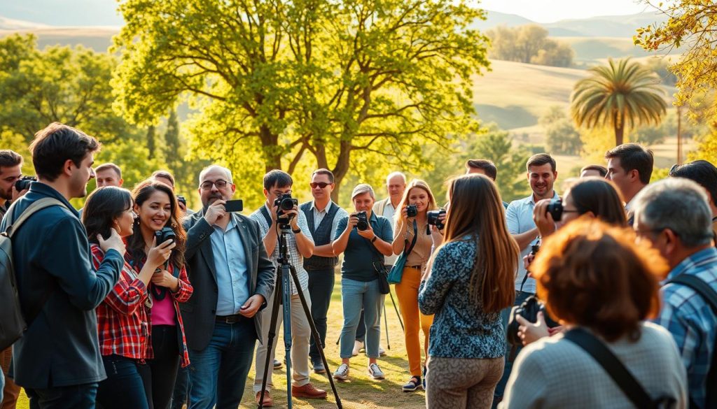 A vibrant photography community gathering in a sunlit park, featuring diverse individuals sharing their passion for photography. In the foreground, a group of photographers, dressed in smart casual attire, engage in enthusiastic discussions while showing each other their cameras and recent photographs. In the middle ground, a few people set up tripods and capture the natural beauty of the surroundings, while others are taking candid shots of one another, conveying a sense of collaboration and shared creativity. The background features green trees and rolling hills, bathed in warm golden-hour light, creating a welcoming and inspiring atmosphere. The scene captures the joy and energy of networking, with a soft focus effect that highlights the interactions and artistic spirit of the community.
