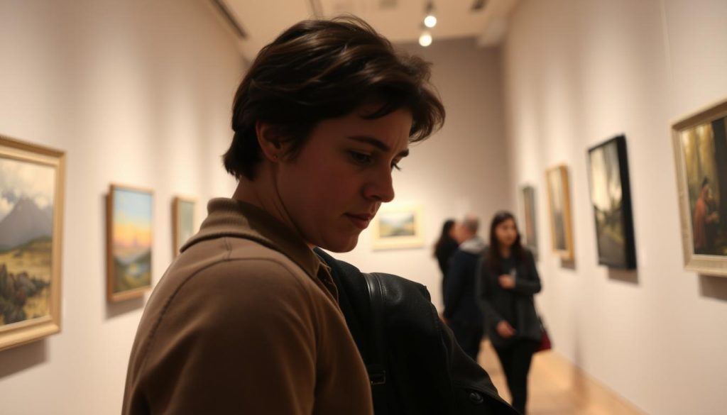 An art gallery visitor intently examining a painting, leaning in close to study the brushstrokes and colors. The lighting is soft and warm, creating a contemplative atmosphere. The visitor's face is in sharp focus, their expression one of thoughtful engagement. In the background, a few other visitors move quietly through the gallery, creating a sense of quiet contemplation. The gallery walls are a neutral tone, allowing the artwork to take center stage. The overall scene conveys the reverence and focus that art enthusiasts bring to the experience of viewing fine art in a curated exhibition setting.