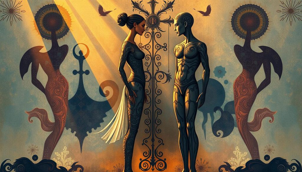 An ornate and symbolic art composition depicting the interplay of feminine and masculine elements. In the foreground, a pair of stylized human figures - one androgynous, the other more overtly masculine - stand facing each other, their bodies composed of intricate patterns and organic shapes. Shafts of warm, golden light illuminate the central figures, casting soft shadows across the canvas. In the background, abstract forms and ethereal shapes in muted tones of blue, purple, and green create a dreamlike, mystical atmosphere, evoking the esoteric nature of gender symbolism in art. The overall composition is harmonious and balanced, inviting the viewer to ponder the hidden meanings and metaphors woven throughout the image.