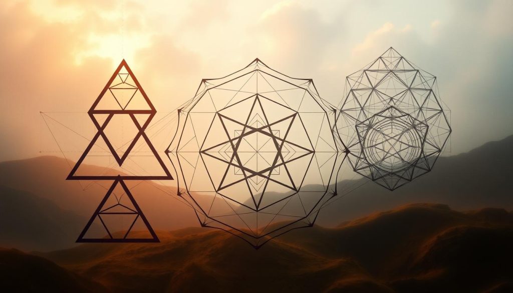 Geometric Symbolism in Art: A surreal composition featuring intricate, interlocking shapes and patterns in a dreamlike, ethereal setting. The foreground showcases a variety of geometric forms - triangles, rectangles, and hexagons - arranged in a captivating, symmetrical design. The middle ground blends these shapes with subtle, translucent layers, creating a sense of depth and movement. In the background, a soft, muted color palette evokes a contemplative, mystical atmosphere, inviting the viewer to explore the hidden meanings and symbolic significance of the geometric elements. Warm, diffused lighting illuminates the scene, adding depth and a sense of transcendence. The overall effect is a visually striking representation of the power of geometric symbolism in artistic expression.