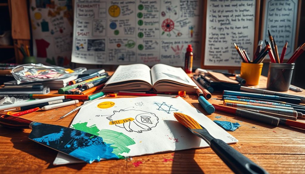 Vibrant mixed media art supplies strewn across a wooden table, casting dynamic shadows. In the foreground, a palette knife smeared with bold brushstrokes, alongside a collection of acrylic paints, pastels, and collage materials. In the middle ground, a sketchbook open to a page of experimental drawings, surrounded by an array of artistic tools. The background features a large whiteboard filled with colorful diagrams and inspirational quotes, illuminated by soft, diffused lighting. This scene captures the spirit of creative exploration and educational resources for mastering the art of mixed media.