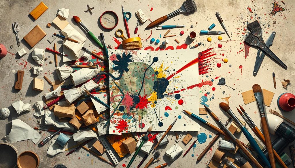 a highly detailed digital illustration of various mixed media art challenges, including a chaotic collage of art supplies, tools, and techniques spilling out from the edges of the frame, with a central focal point showcasing a partially complete mixed media artwork in progress, surrounded by crumpled paper, splattered paint, and tangled brushes, set against a muted, textured background with subtle highlights and shadows to create depth and atmosphere, capturing the creative yet sometimes overwhelming nature of combining traditional and modern artistic methods