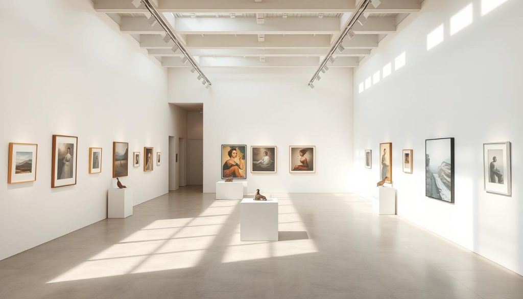 a minimalist, clean and modern art exhibition layout design with natural lighting and neutral colors, showcasing a variety of fine art pieces on white walls and pedestals, with a focus on negative space and balanced composition, captured from an elevated perspective to highlight the overall exhibition space, conveying a sense of calmness and sophistication