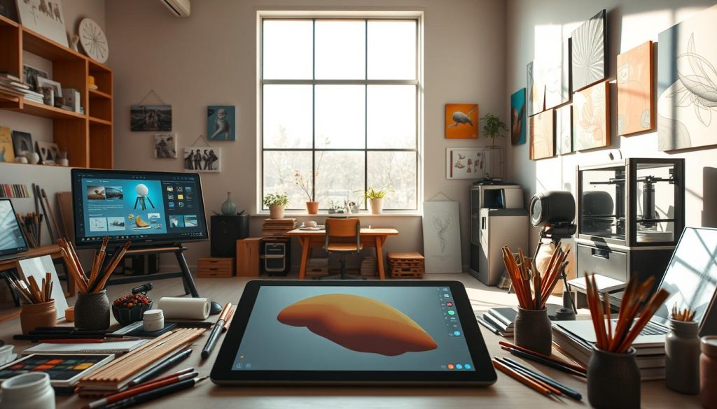 A modern art studio infused with advanced visual arts technology. In the foreground, a sleek digital drawing tablet is surrounded by an assortment of art supplies like paints, brushes, and sketchbooks. The middle ground showcases a large, sunlit window with a smart display panel showing interactive tutorials and design software. In the background, a wall is adorned with digital canvases that change art styles, and a 3D printer quietly operates. Soft, natural light filters through the window, creating a warm and inviting atmosphere. The angle is slightly elevated, providing a broad view of the workspace. The mood captures a sense of creativity and innovation, perfect for incorporating technology into artistic practice.
