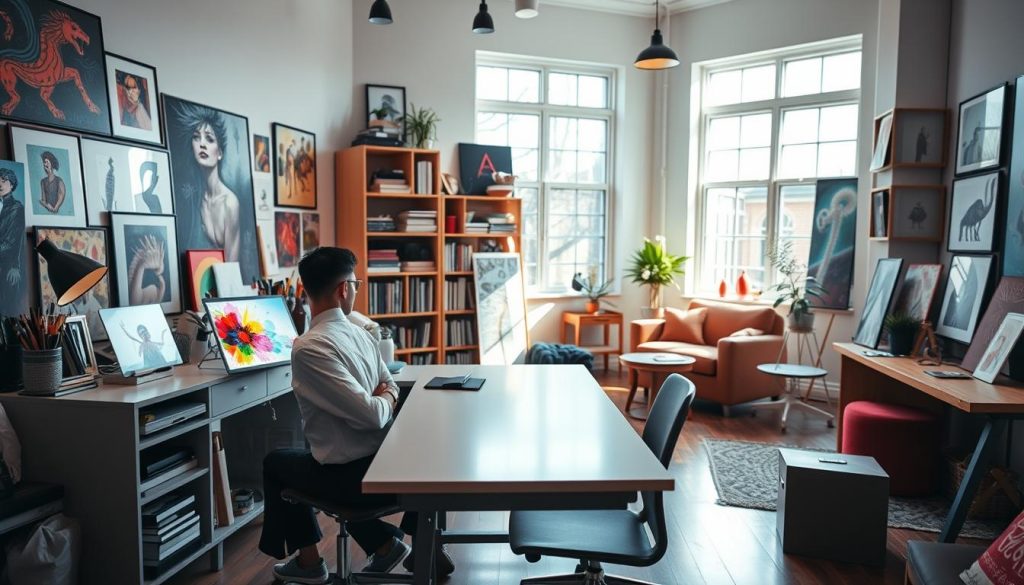 A vibrant, modern art studio setup that showcases an online art presence. In the foreground, an artist sits at a sleek, clutter-free desk, focused on a digital tablet displaying colorful artwork. The artist is dressed in professional casual attire, exuding creativity and professionalism. In the middle ground, a stylish bookshelf filled with art supplies, books, and framed artwork complement the workspace. The background features a large window that lets in natural light, illuminating the studio and casting soft shadows across the room. The atmosphere is inspiring and inviting, with various art prints displayed on the walls and a cozy seating area in one corner. The overall mood is one of creativity, innovation, and a sense of community in the digital art world.