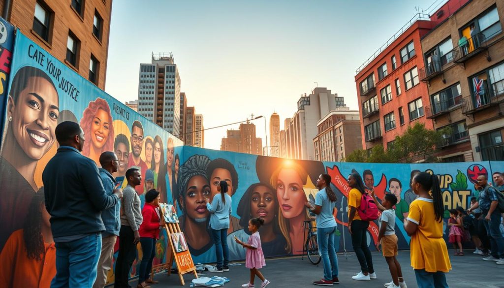 A vibrant street mural depicting diverse artists collaborating in an urban setting, symbolizing art's transformative power in society. In the foreground, a group of artists of various backgrounds, dressed in professional attire, are painting a large mural with themes of inclusivity and social justice, using bright colors like red, blue, and yellow. The middle ground features community members and children observing and participating, showcasing a sense of unity and engagement. In the background, city buildings are subtly adorned with smaller artworks, hinting at the impact of art on the urban landscape. The scene is illuminated by soft, warm natural lighting during the golden hour, casting a hopeful glow, creating an atmosphere of creativity and activism, encapsulating the vital role of art in social change.
